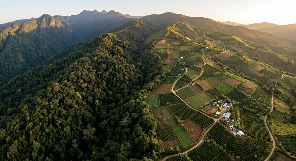 Aerial view of coffee farmland alongside tropical forest at golden hour